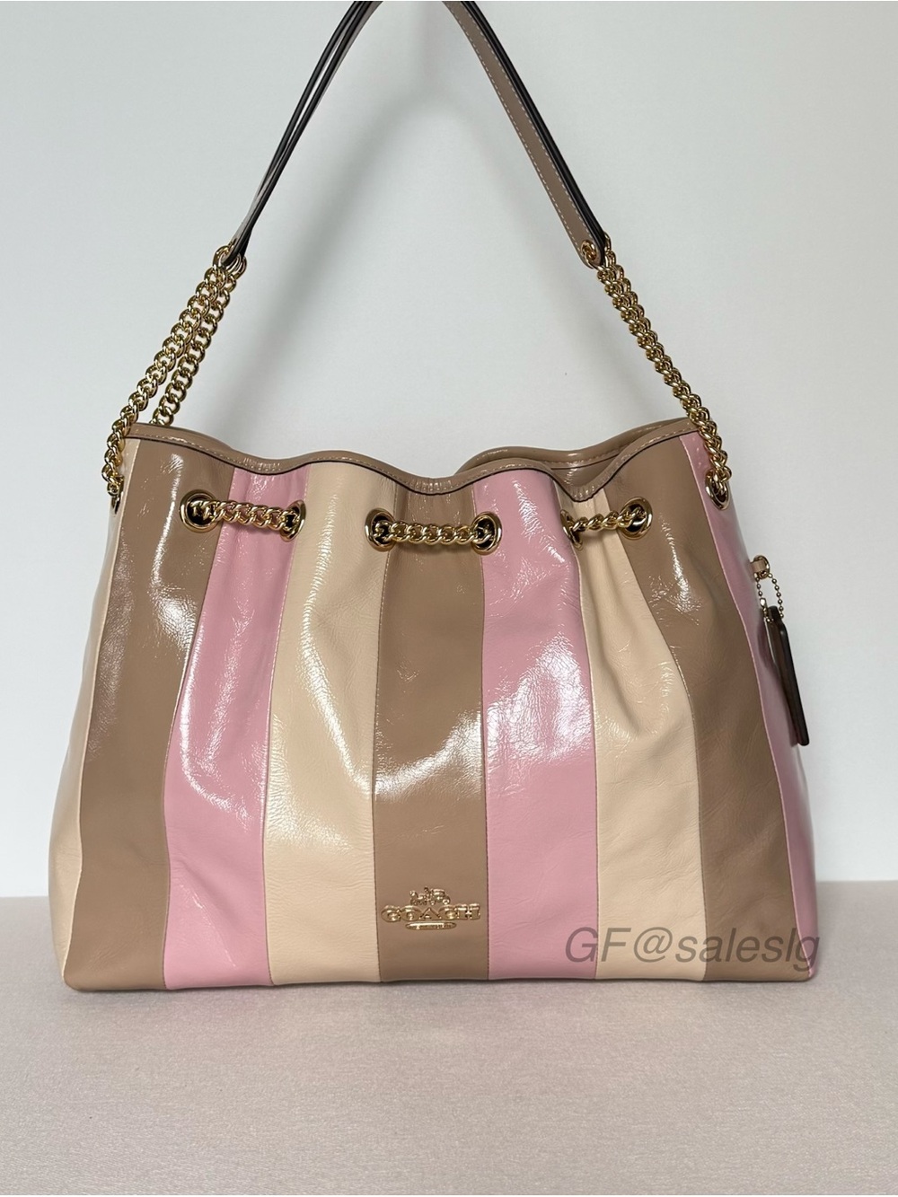 NWT Coach Evelyn Shoulder Bag Striped Patchwork Shiny crinkle Taupe Pink CDW41